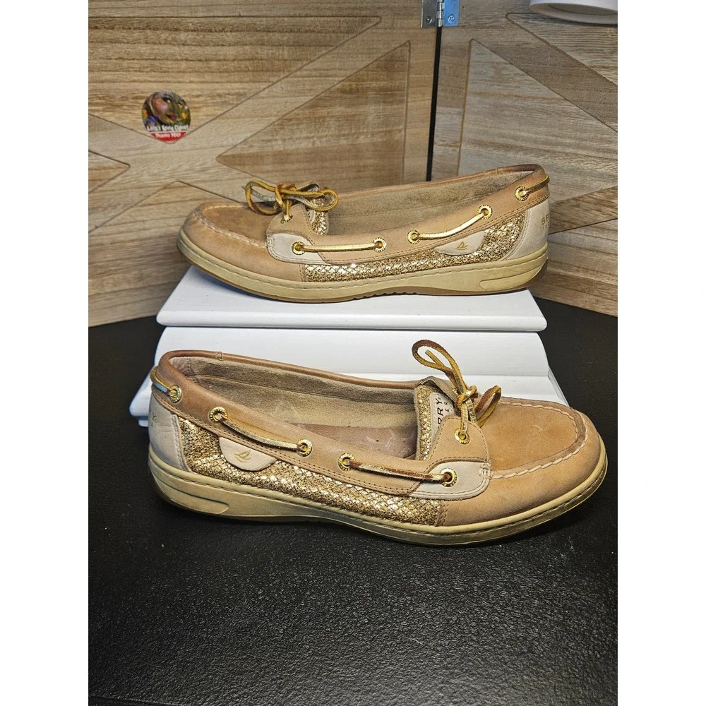 Sperry Boat‎ Shoe Women 9.5M Beige Angelfish Gold Glitter Preppy Loafer #672